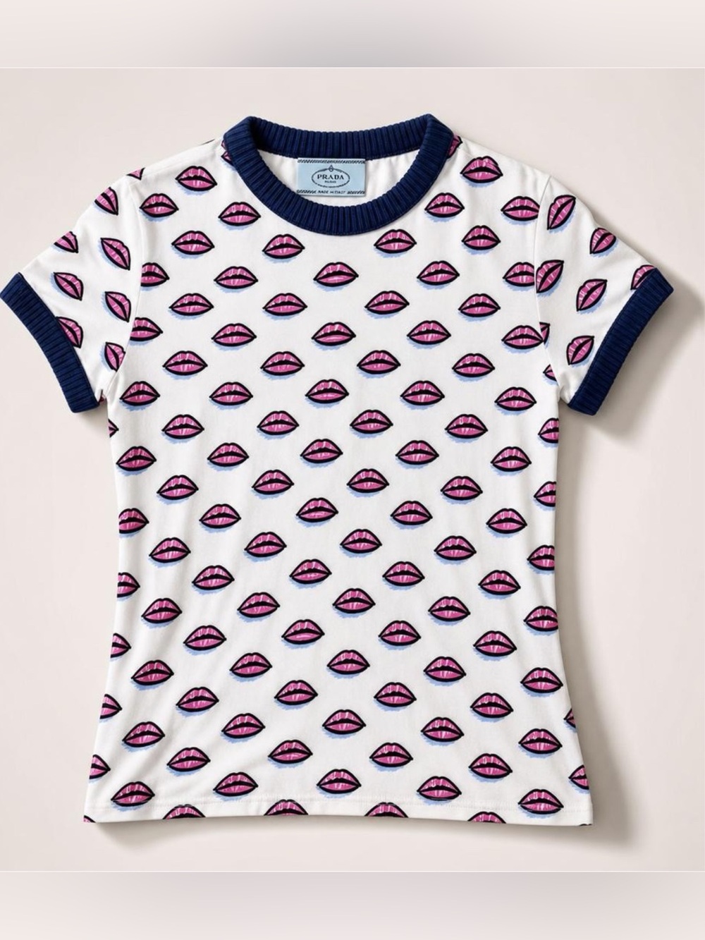 Prada Lips 2016 Cotton Short-Sleeve Tee with thick navy trim, XS, barely worn